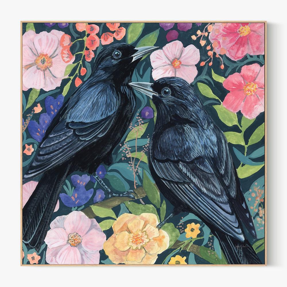 Two Crows on Flowers-by-Kate Jarvik Birch-wall-art-print-canvas-poster-framed-Gioia