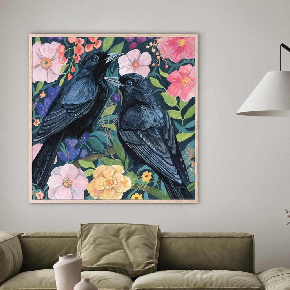 Two Crows on Flowers-by-Kate Jarvik Birch-wall-art-print-canvas-poster-framed-Gioia