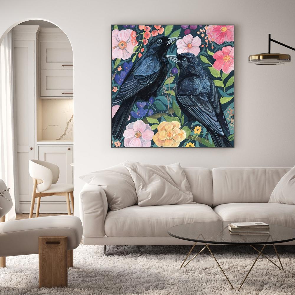 Two Crows on Flowers-by-Kate Jarvik Birch-wall-art-print-canvas-poster-framed-Gioia