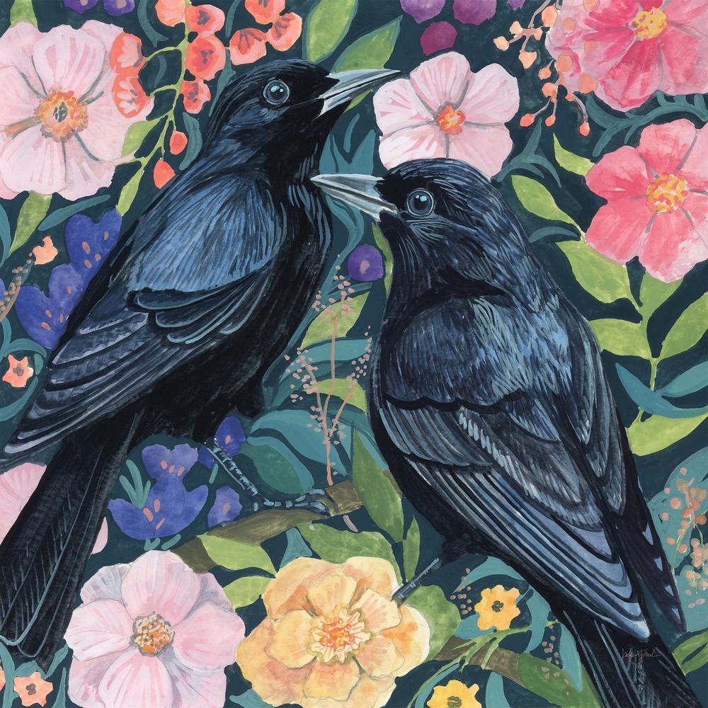 Two Crows on Flowers-by-Kate Jarvik Birch-wall-art-print-canvas-poster-framed-Gioia