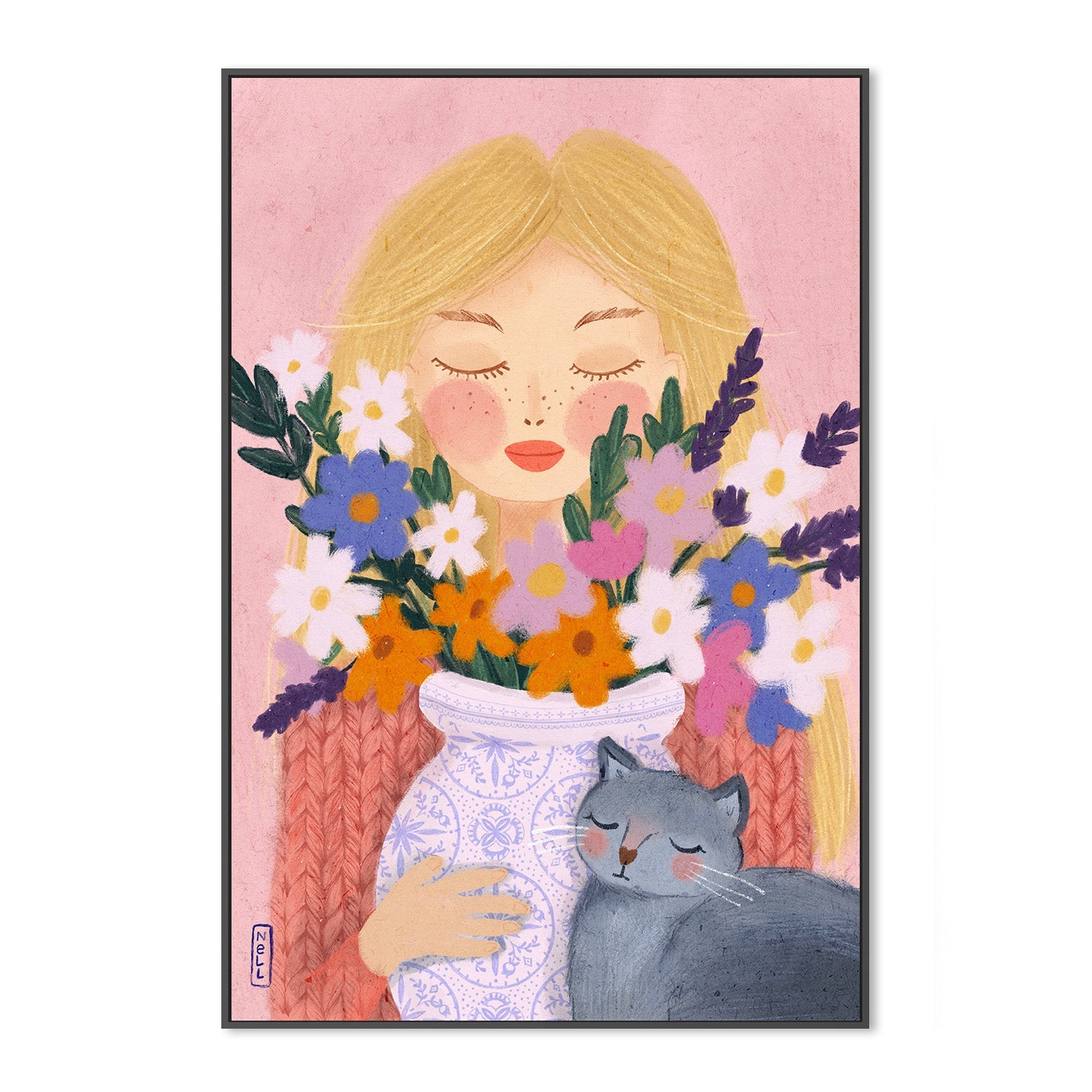 wall-art-print-canvas-poster-framed-A Girl and her Cat-3