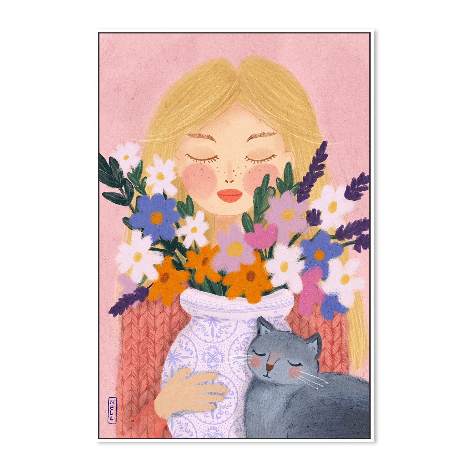 wall-art-print-canvas-poster-framed-A Girl and her Cat-5
