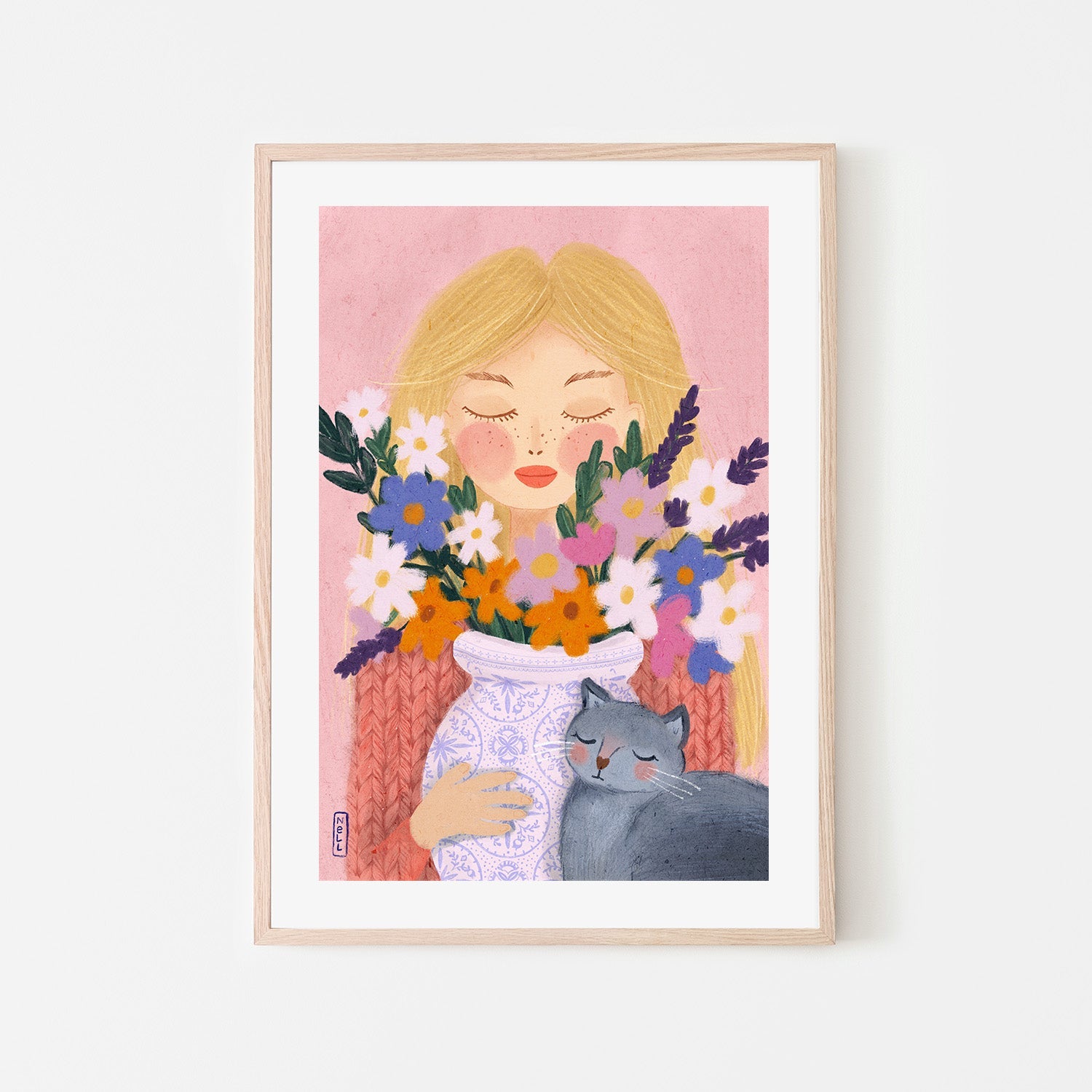 wall-art-print-canvas-poster-framed-A Girl and her Cat-6