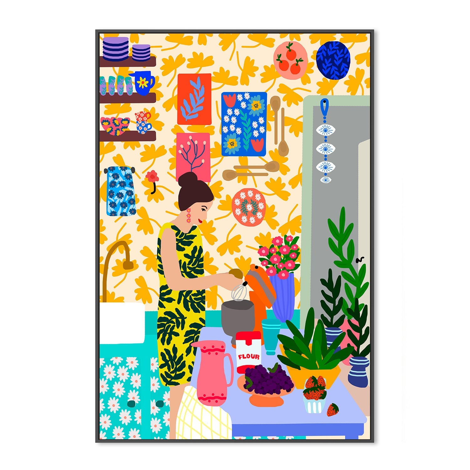wall-art-print-canvas-poster-framed-A Woman In A Kitchen With Flowers-3