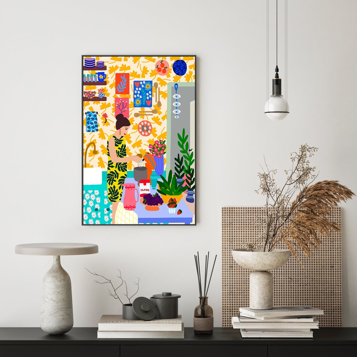 wall-art-print-canvas-poster-framed-A Woman In A Kitchen With Flowers-7
