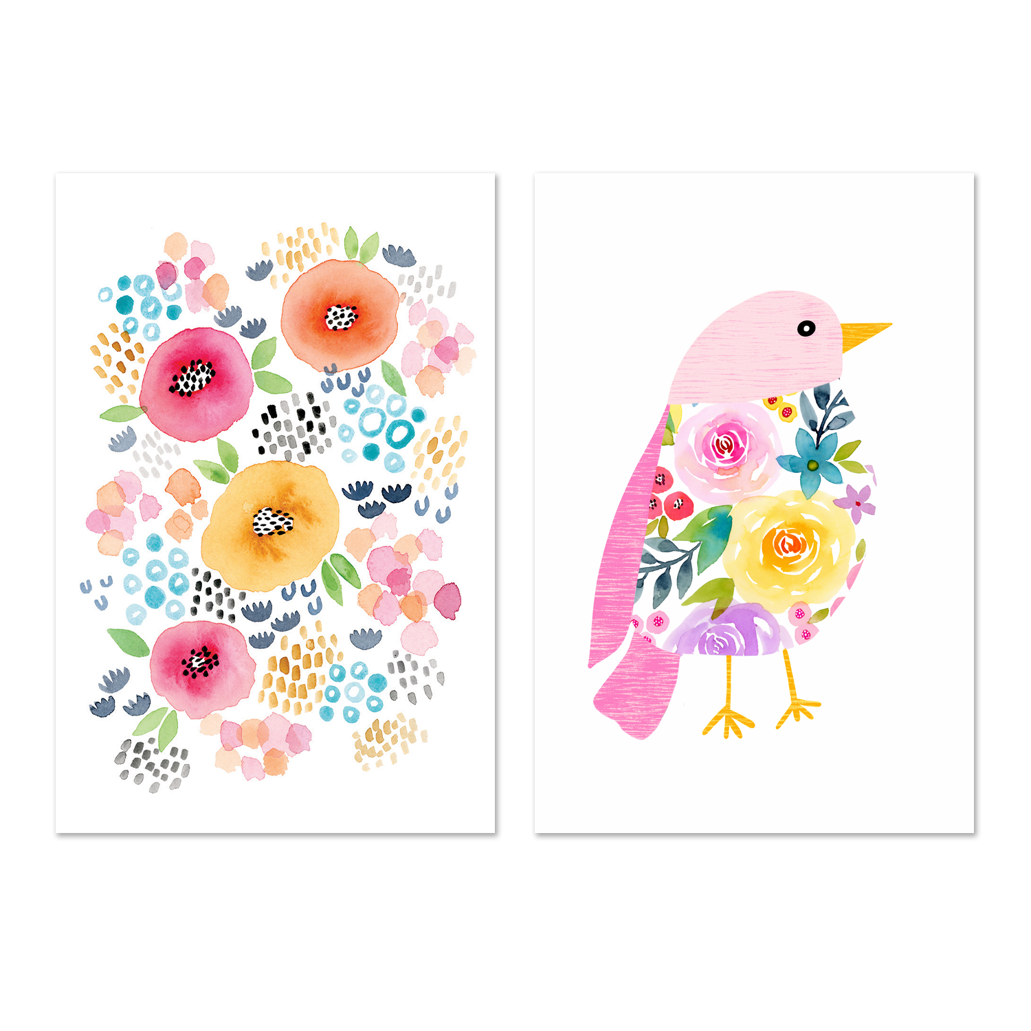 wall-art-print-canvas-poster-framed-Abstract Floral with Pink Bird, Set of 2 , By Lisa Nohren-1