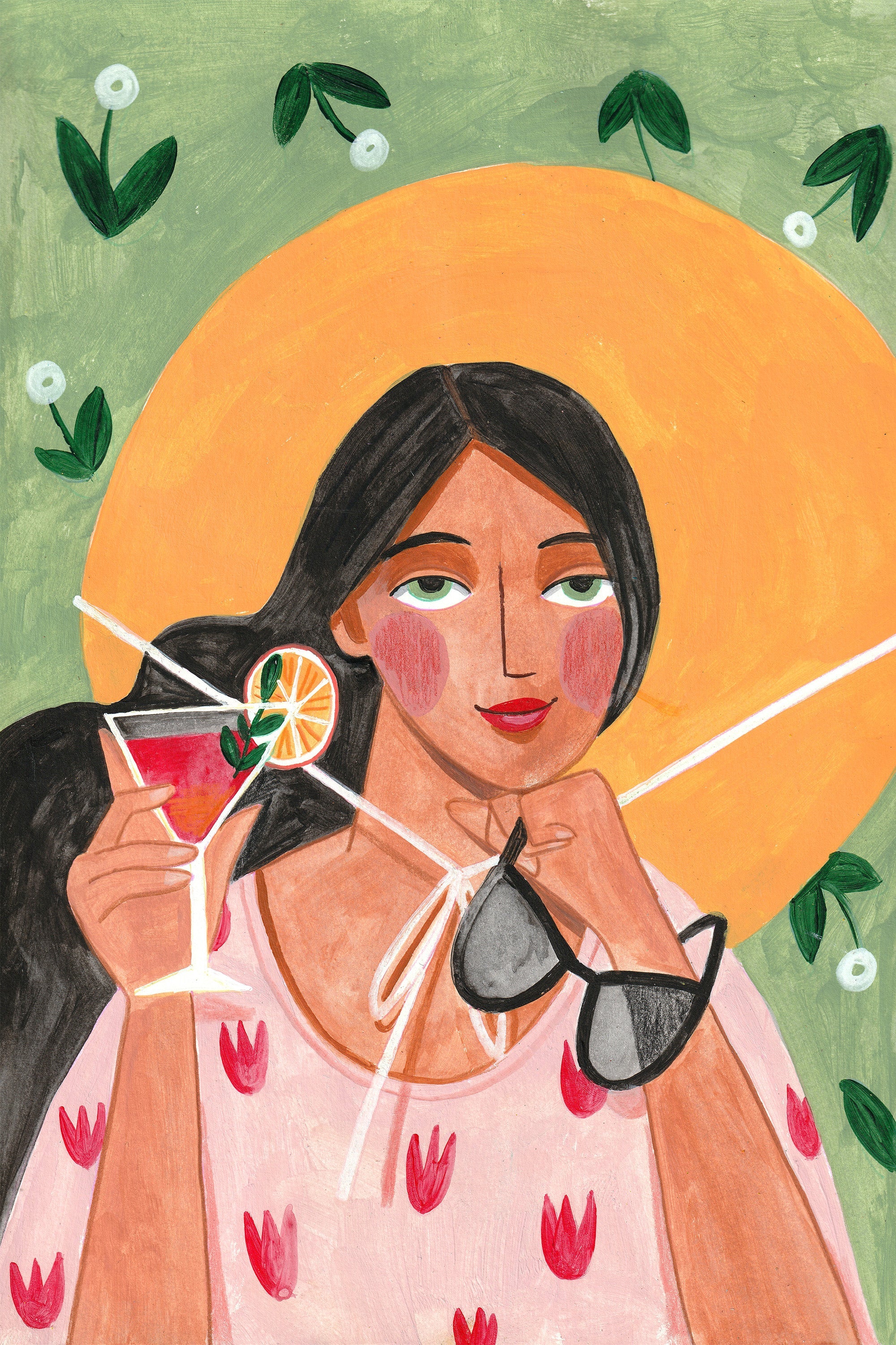wall-art-print-canvas-poster-framed-Abstract Modern Bohemian Woman with Cocktail-1