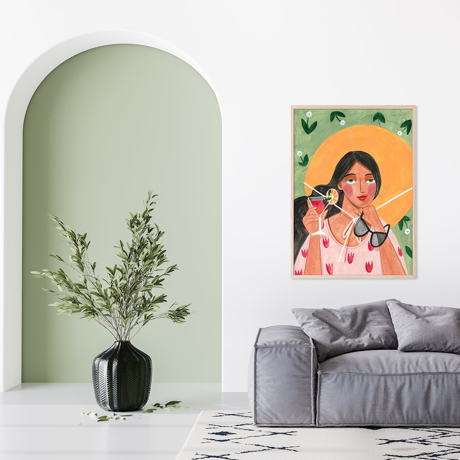 wall-art-print-canvas-poster-framed-Abstract Modern Bohemian Woman with Cocktail-9