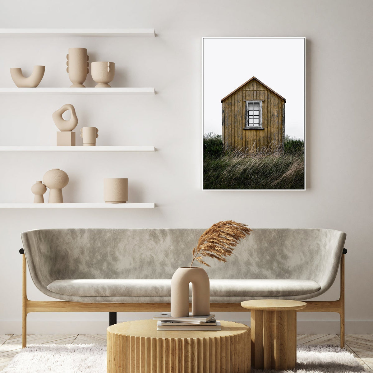 Beach Hut, by Lotte Gronkjar-Gioia-Prints-Framed-Canvas-Poster-GIOIA-WALL-ART