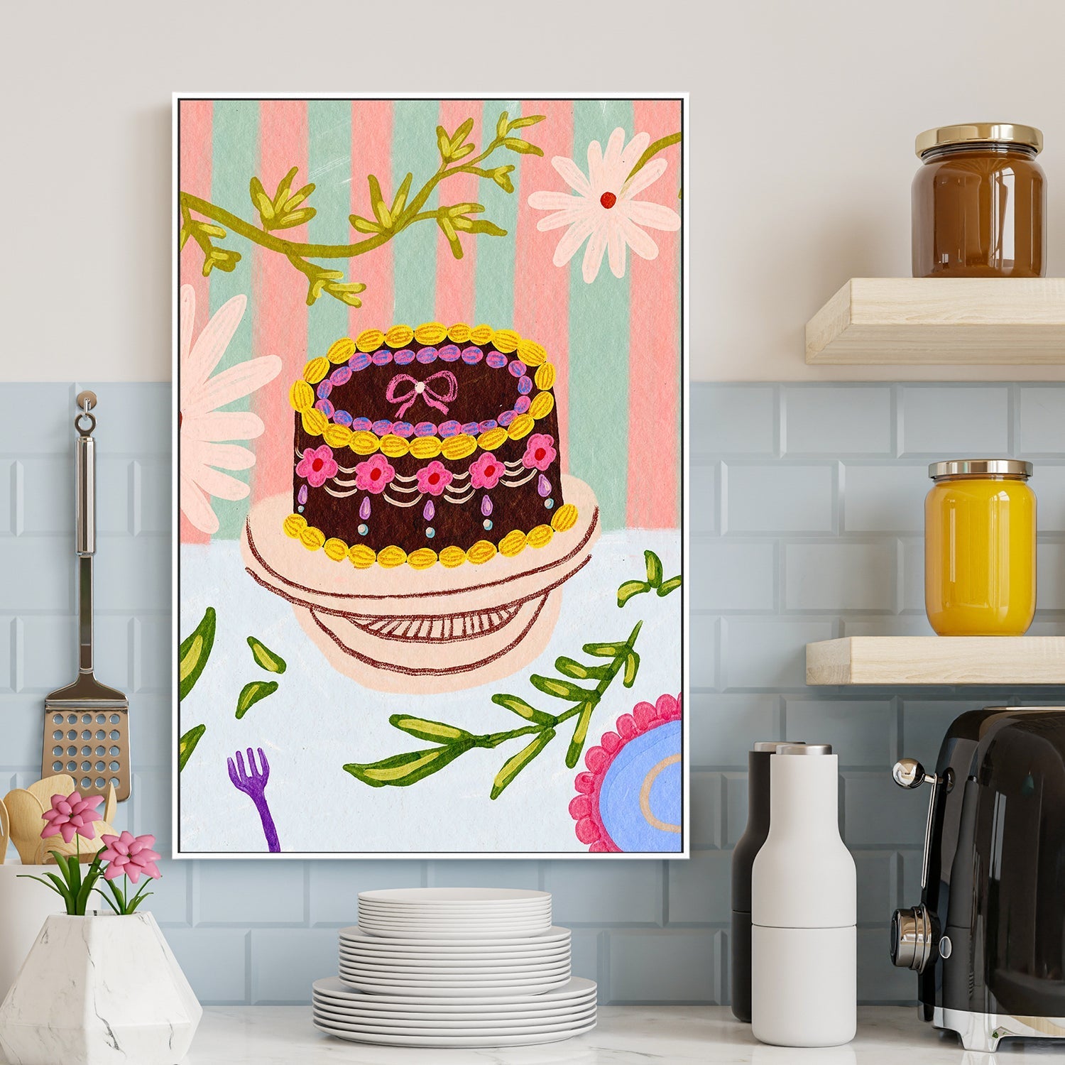 wall-art-print-canvas-poster-framed-Birthday Cake And Flowers , By Kartika Paramita-2