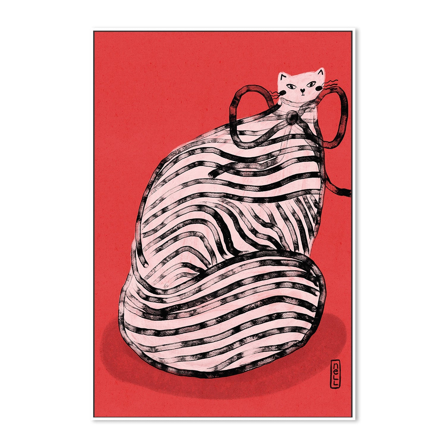 wall-art-print-canvas-poster-framed-Black and White Stripe Cat Illustration Poster-5