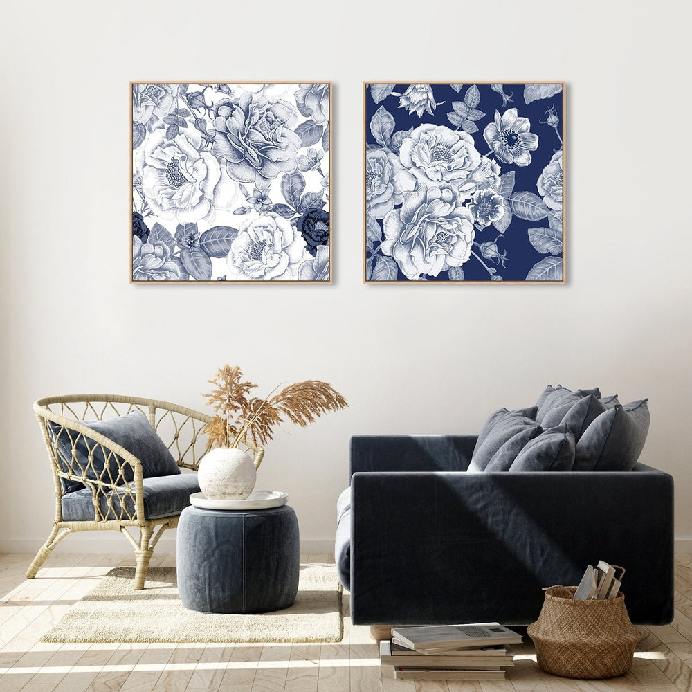 wall-art-print-canvas-poster-framed-Blue Peonies Bouquet, Vintage Floral Print, Flowers, Indigo Blue, Style A, Set Of 2-by-Gioia Wall Art-Gioia Wall Art