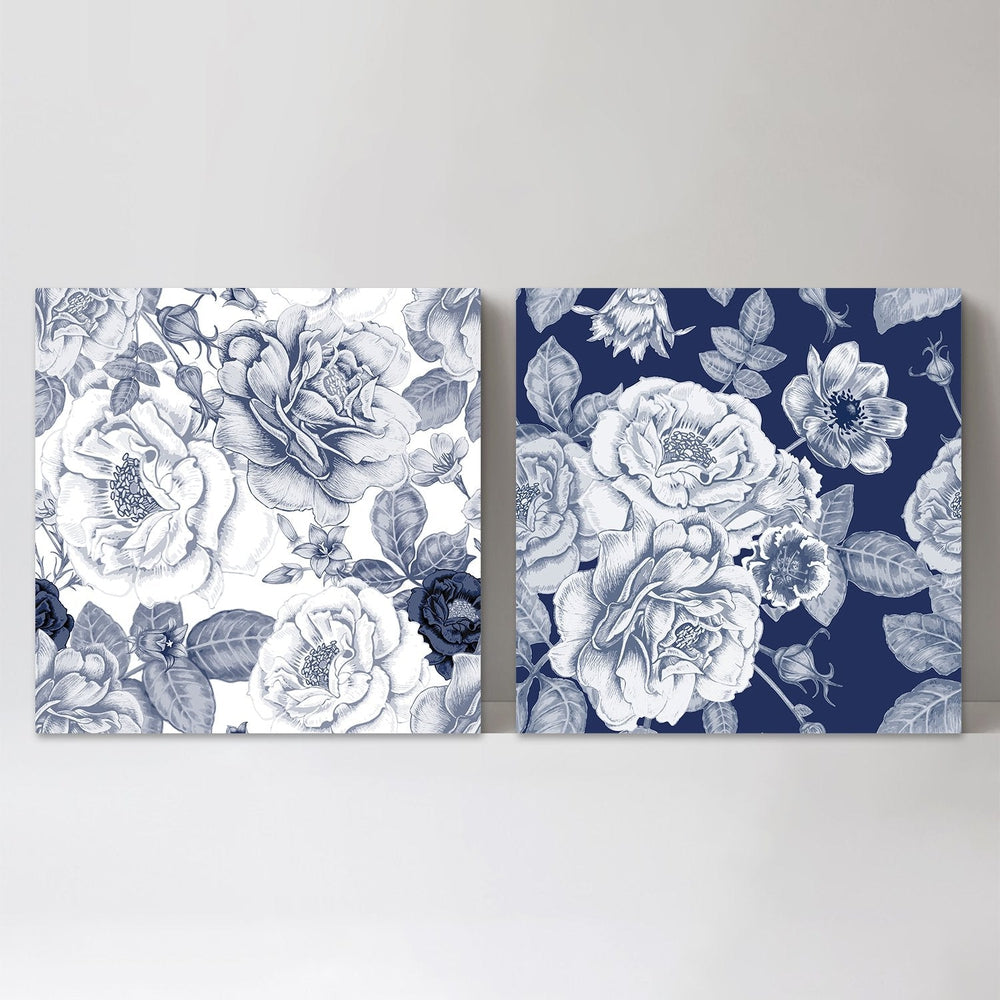 wall-art-print-canvas-poster-framed-Blue Peonies Bouquet, Vintage Floral Print, Flowers, Indigo Blue, Style A, Set Of 2-by-Gioia Wall Art-Gioia Wall Art