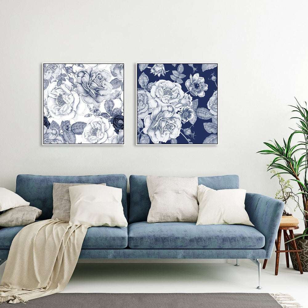 wall-art-print-canvas-poster-framed-Blue Peonies Bouquet, Vintage Floral Print, Flowers, Indigo Blue, Style A, Set Of 2-by-Gioia Wall Art-Gioia Wall Art