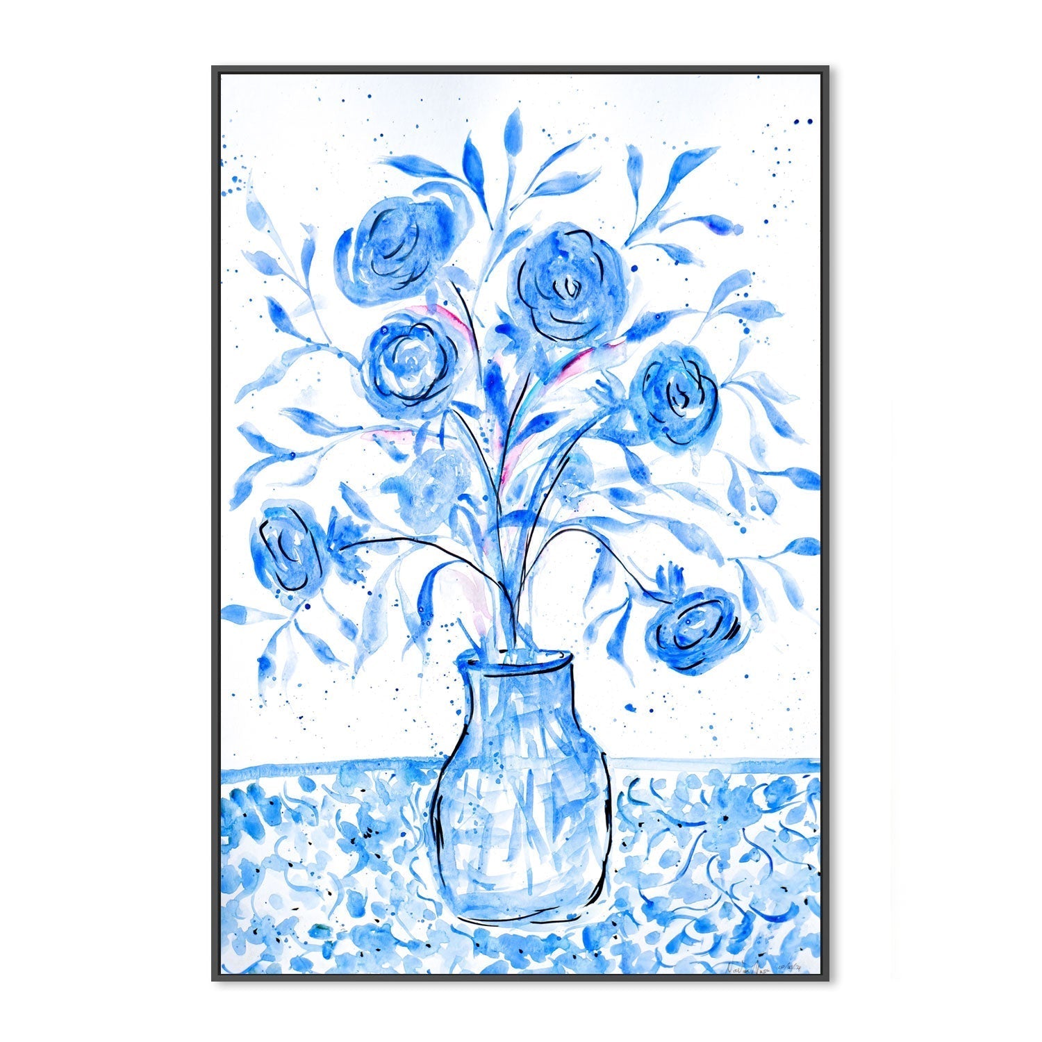 wall-art-print-canvas-poster-framed-Blue Vase Of Flowers , By Nadar Musa-GIOIA-WALL-ART