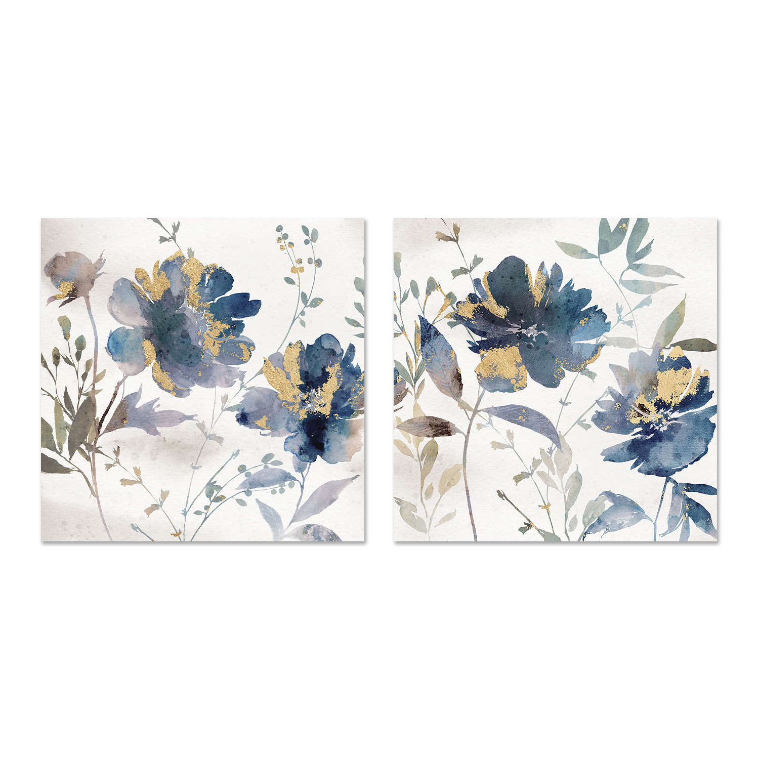 wall-art-print-canvas-poster-framed-Blue Watercolor Florals, Style A & B, Set of 2 , By Nina Blue-1