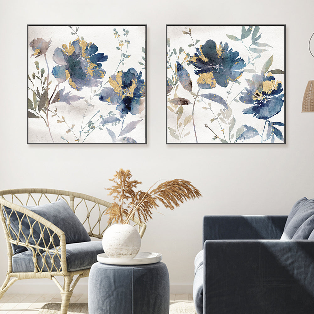wall-art-print-canvas-poster-framed-Blue Watercolor Florals, Style A & B, Set of 2 , By Nina Blue-2