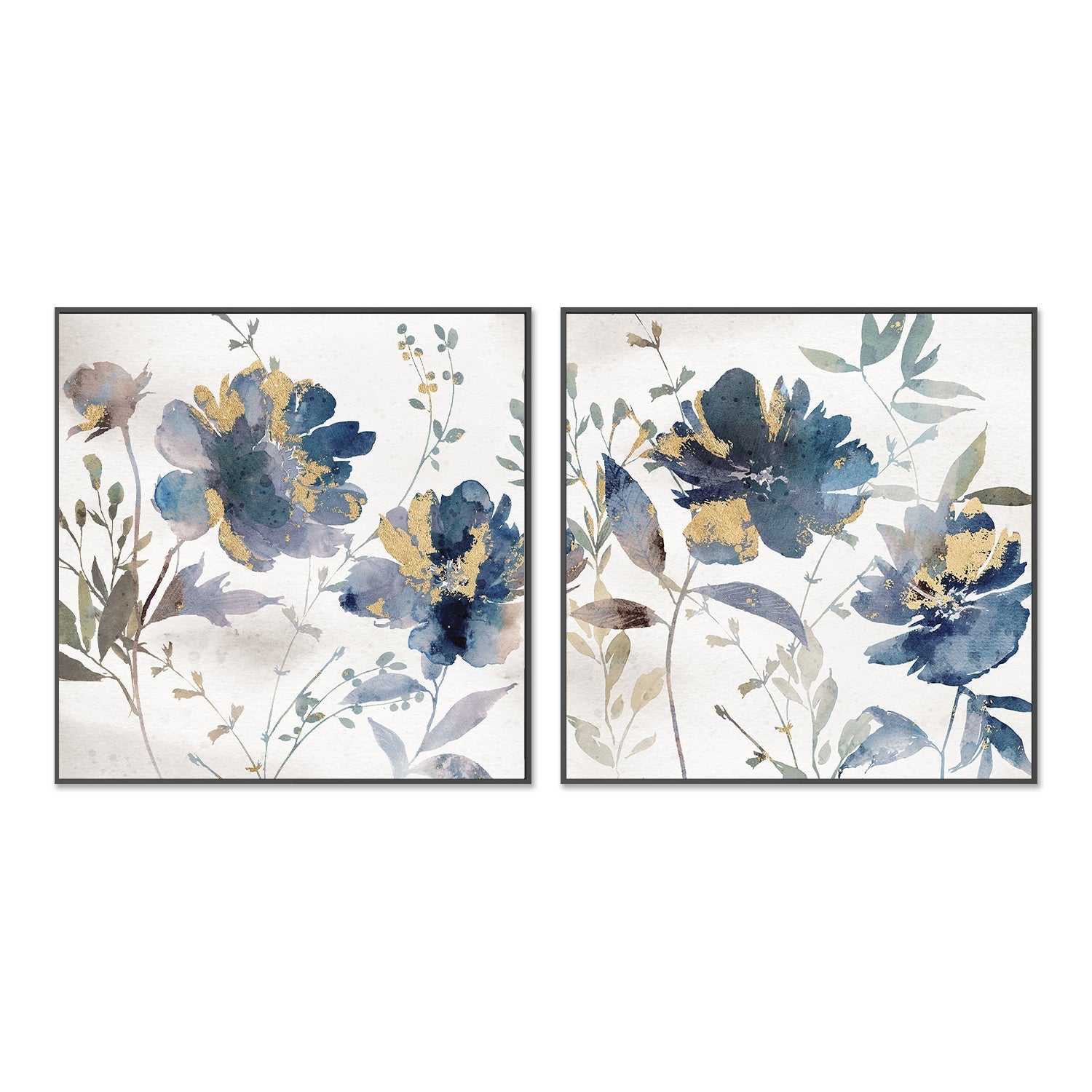 wall-art-print-canvas-poster-framed-Blue Watercolor Florals, Style A & B, Set of 2 , By Nina Blue-3