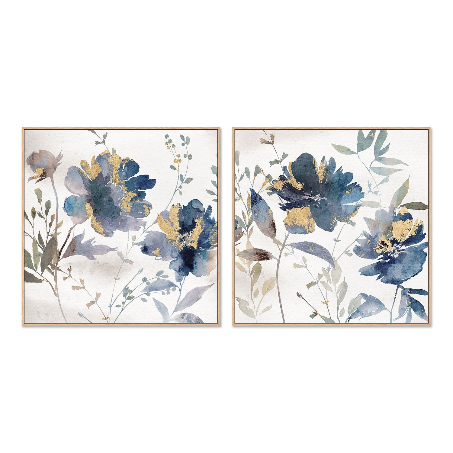 wall-art-print-canvas-poster-framed-Blue Watercolor Florals, Style A & B, Set of 2 , By Nina Blue-4