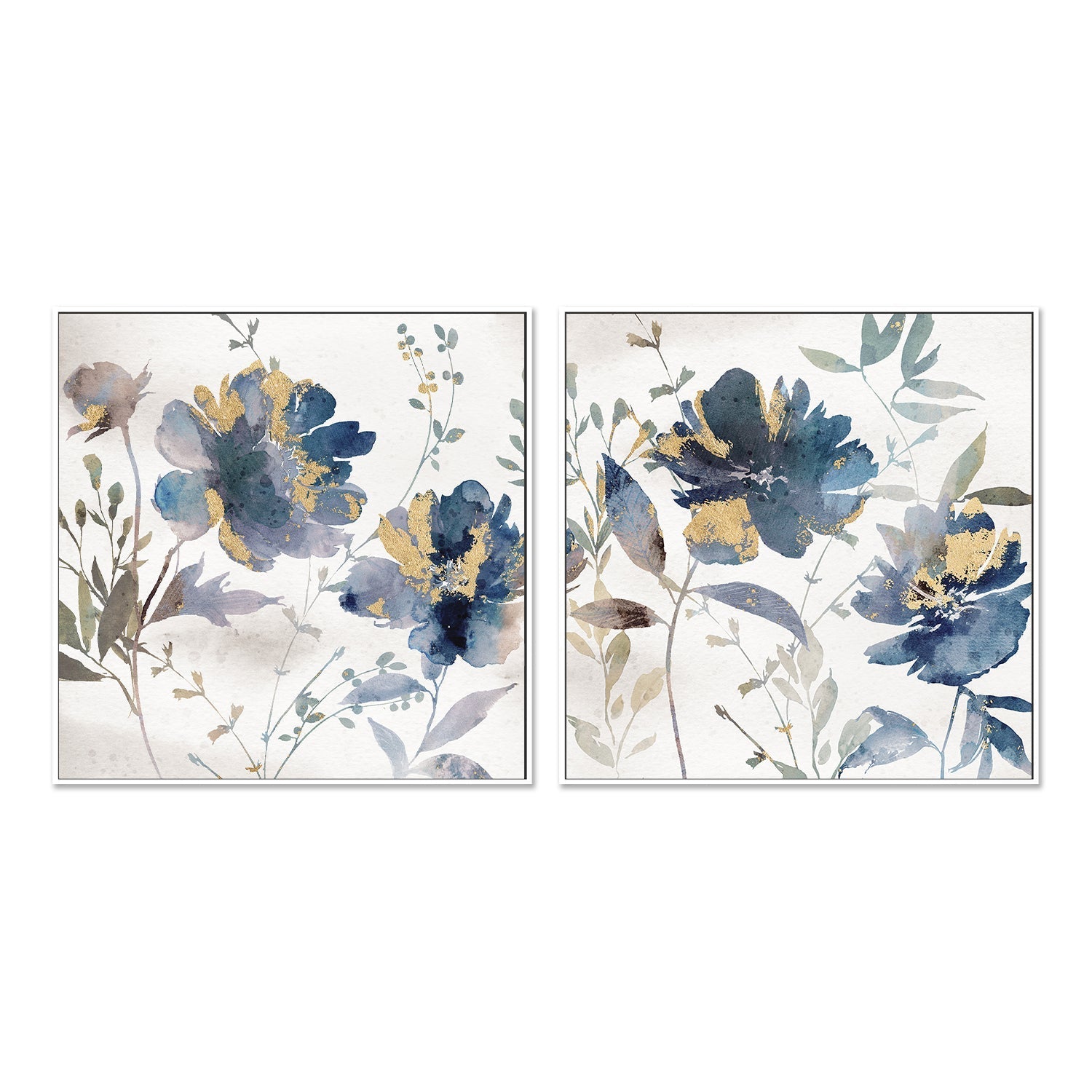 wall-art-print-canvas-poster-framed-Blue Watercolor Florals, Style A & B, Set of 2 , By Nina Blue-5