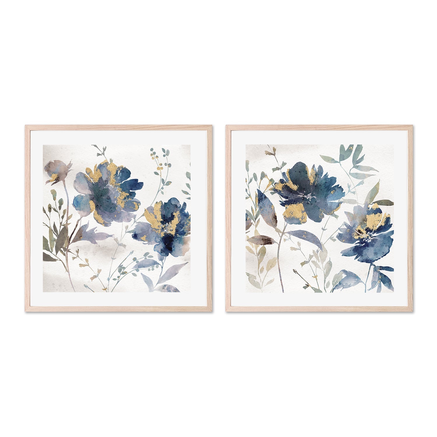 wall-art-print-canvas-poster-framed-Blue Watercolor Florals, Style A & B, Set of 2 , By Nina Blue-6