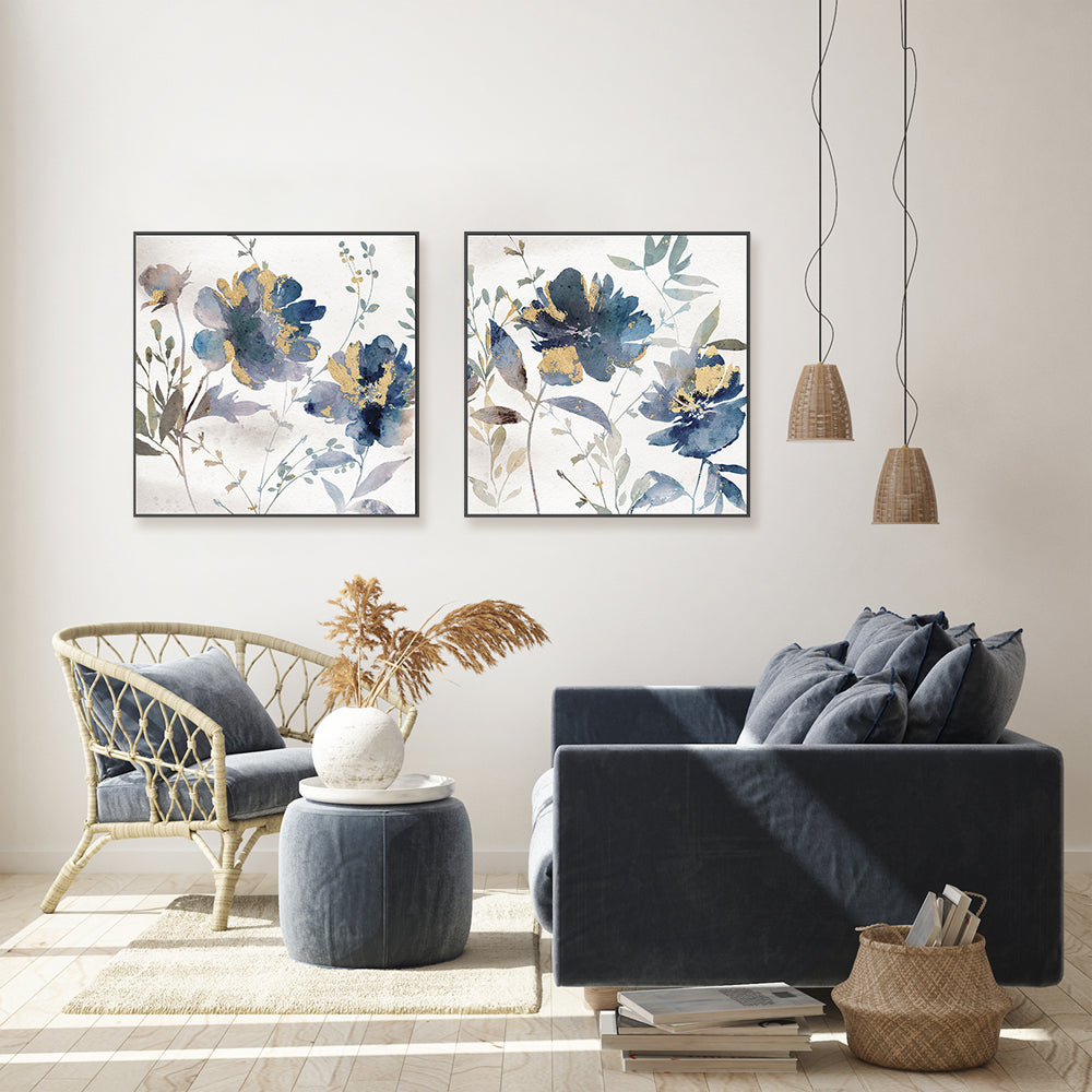 wall-art-print-canvas-poster-framed-Blue Watercolor Florals, Style A & B, Set of 2 , By Nina Blue-7
