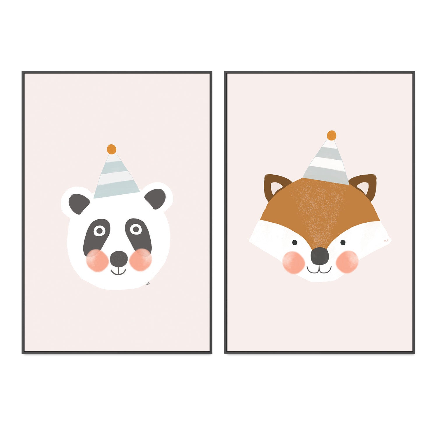 wall-art-print-canvas-poster-framed-Blushing Panda and Fox with Party Hat, Set Of 2 , By Menina Lisboa-3