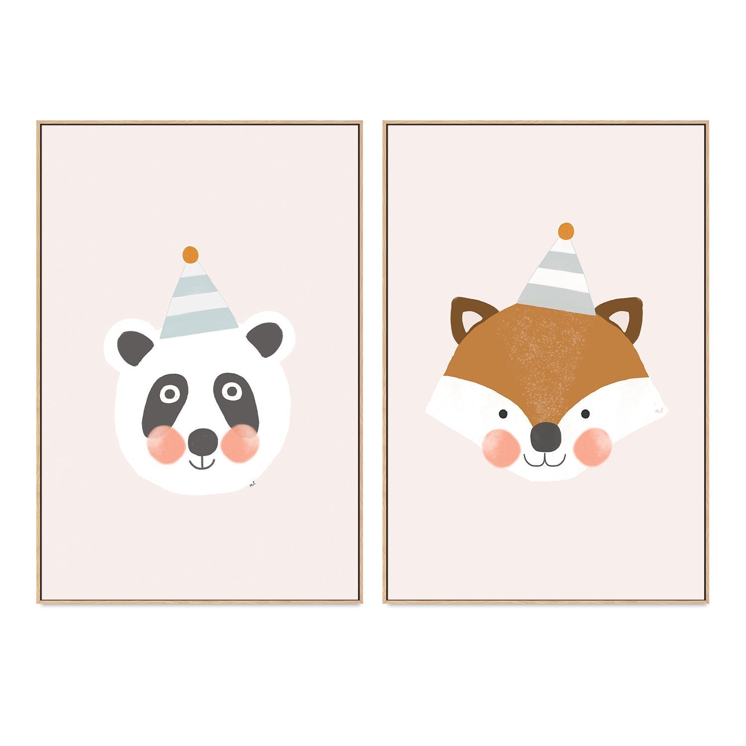 wall-art-print-canvas-poster-framed-Blushing Panda and Fox with Party Hat, Set Of 2 , By Menina Lisboa-4
