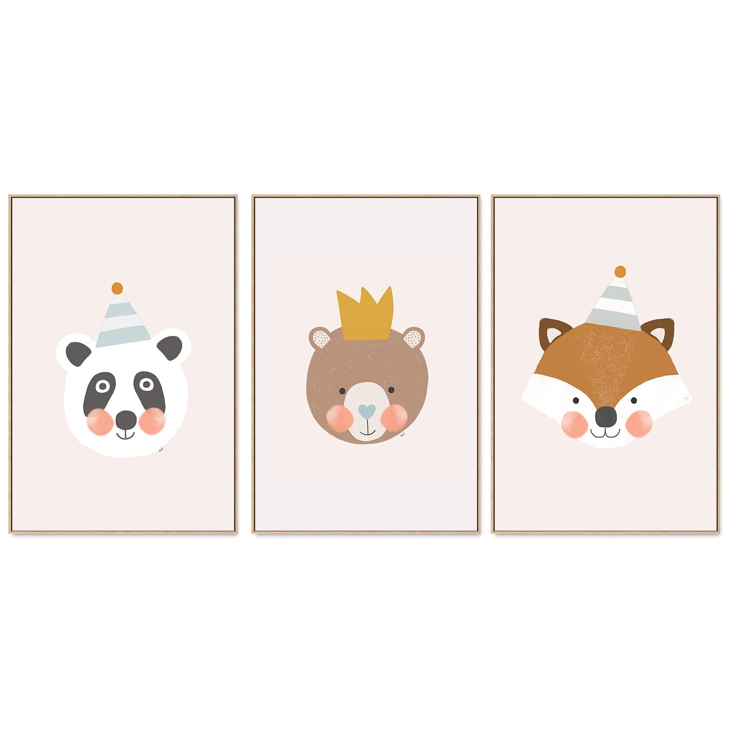 wall-art-print-canvas-poster-framed-Blushing Panda, Crown Bear and Fox with Party Hat, Set Of 3 , By Menina Lisboa-4