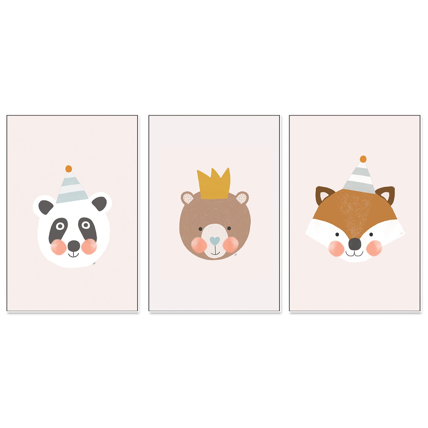 wall-art-print-canvas-poster-framed-Blushing Panda, Crown Bear and Fox with Party Hat, Set Of 3 , By Menina Lisboa-5