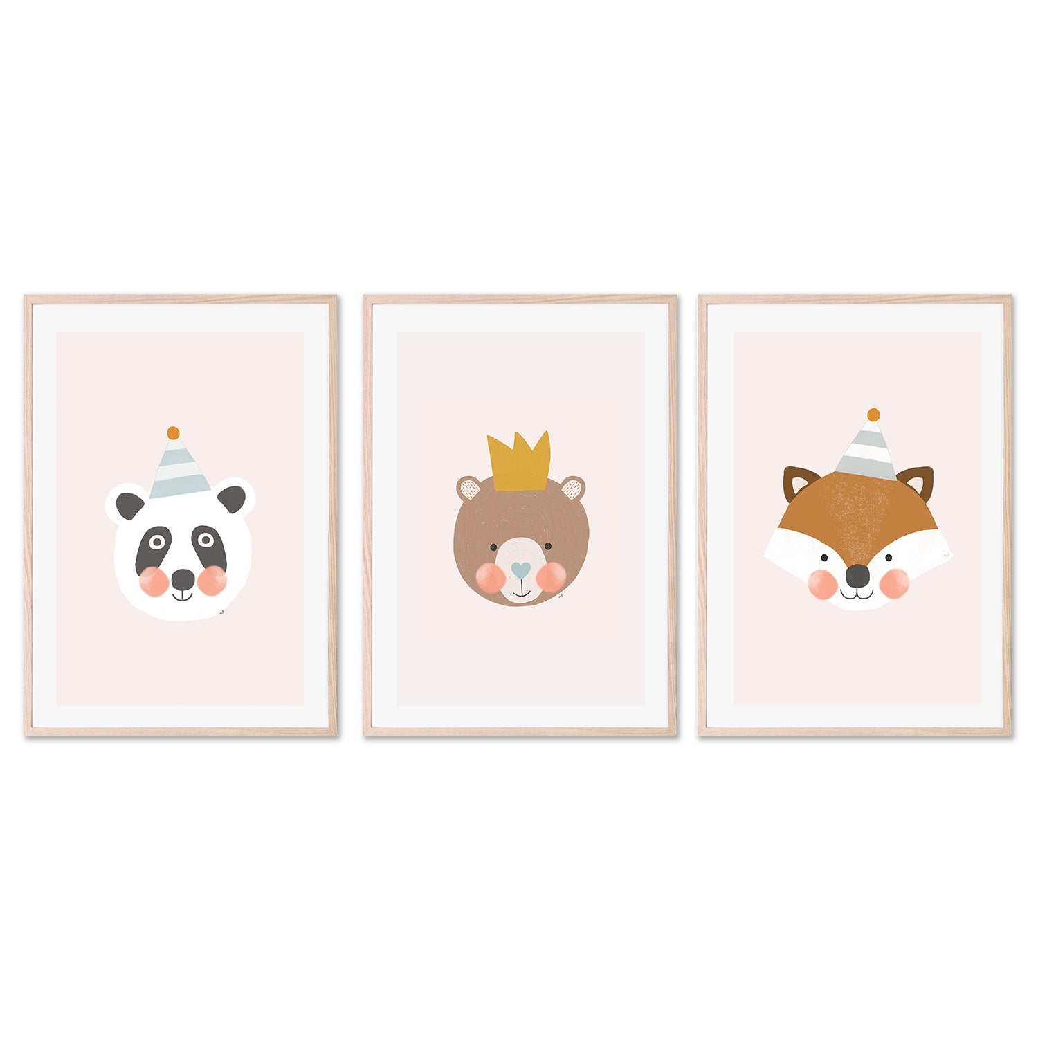 wall-art-print-canvas-poster-framed-Blushing Panda, Crown Bear and Fox with Party Hat, Set Of 3 , By Menina Lisboa-6
