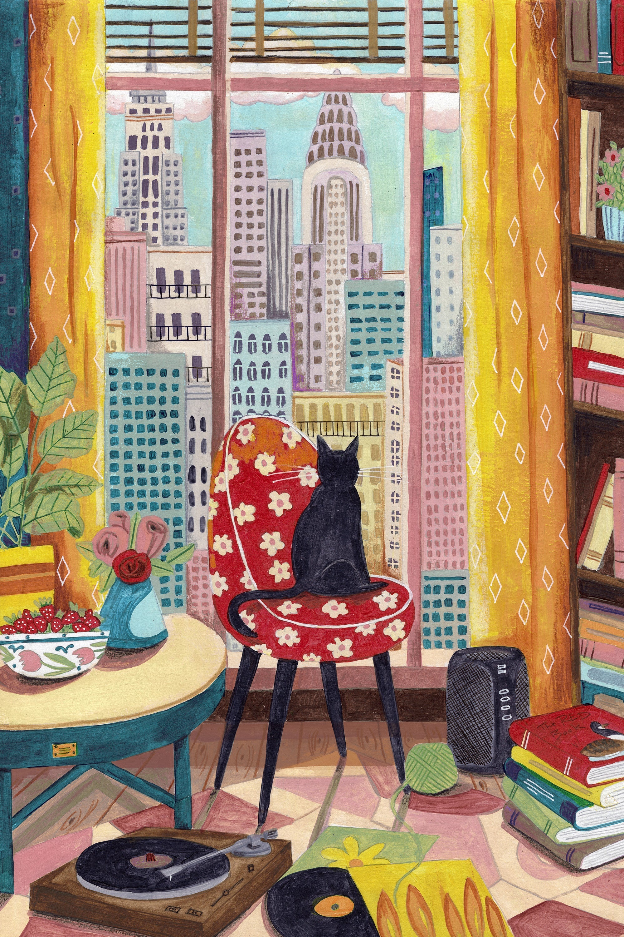 wall-art-print-canvas-poster-framed-Cat in front of window in New York bright colours-1