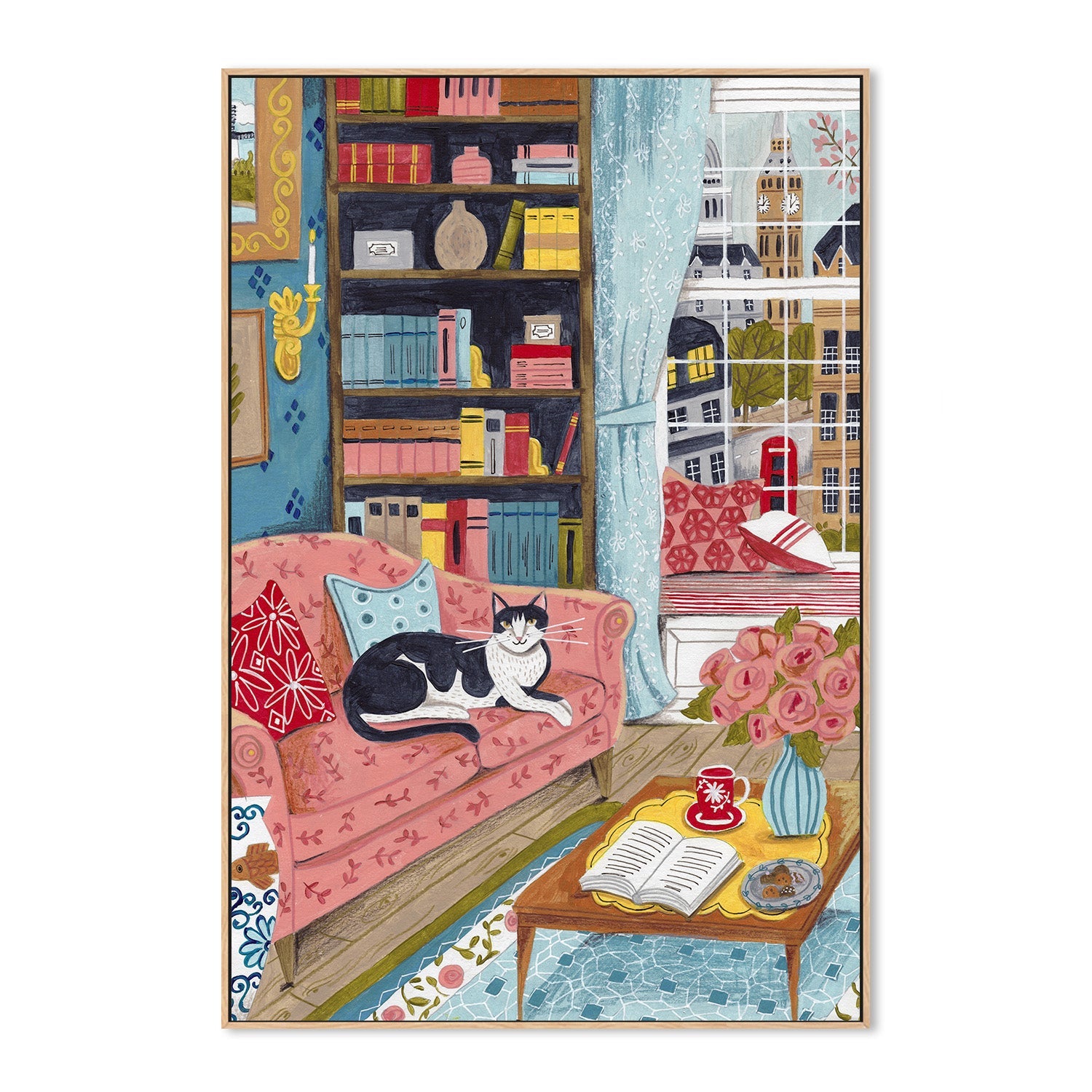 wall-art-print-canvas-poster-framed-Cat on sofa in London paster colours-4