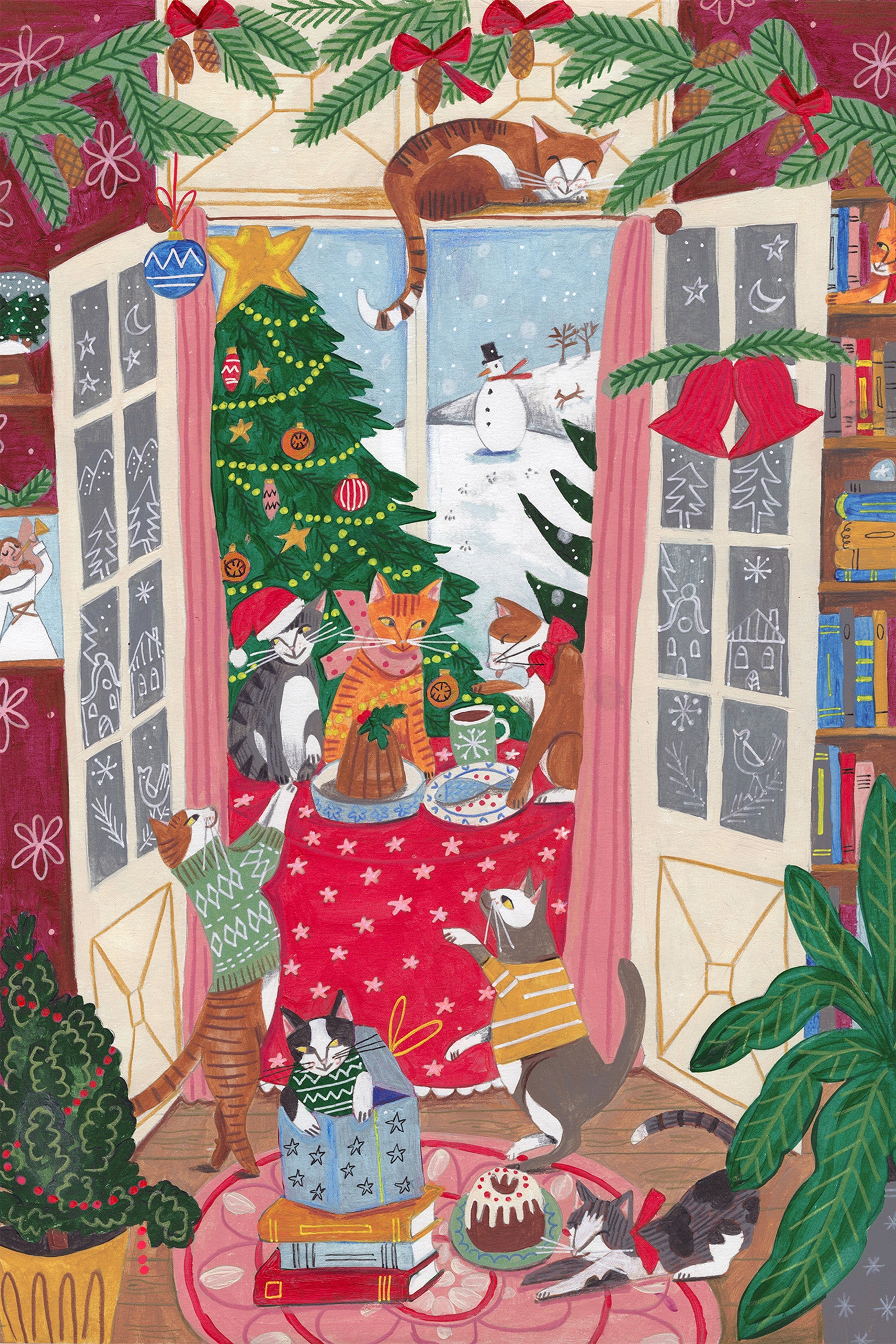 wall-art-print-canvas-poster-framed-Cats in the Window at a Snowy Christmas in Bright Colours-1