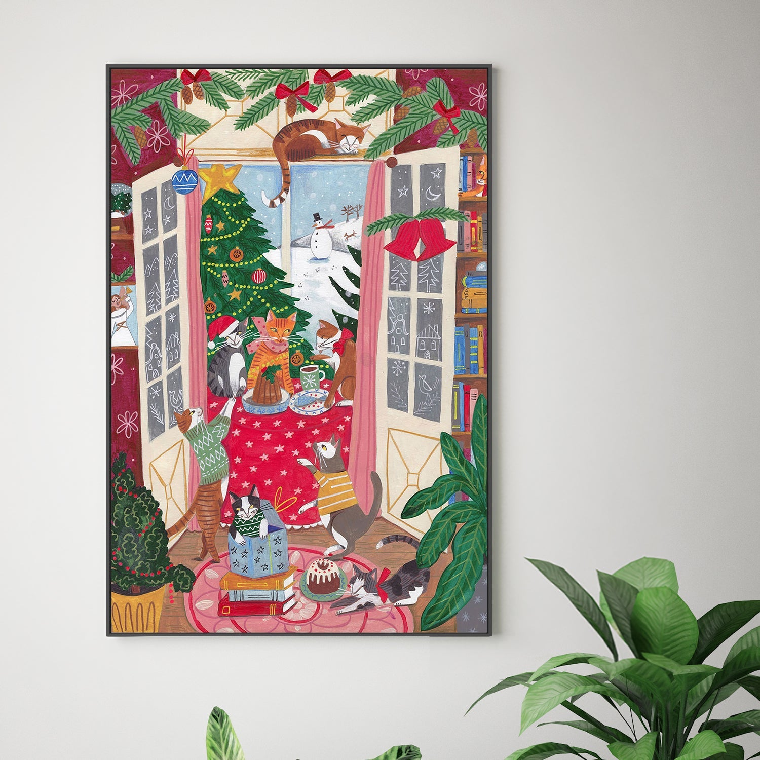 wall-art-print-canvas-poster-framed-Cats in the Window at a Snowy Christmas in Bright Colours-7