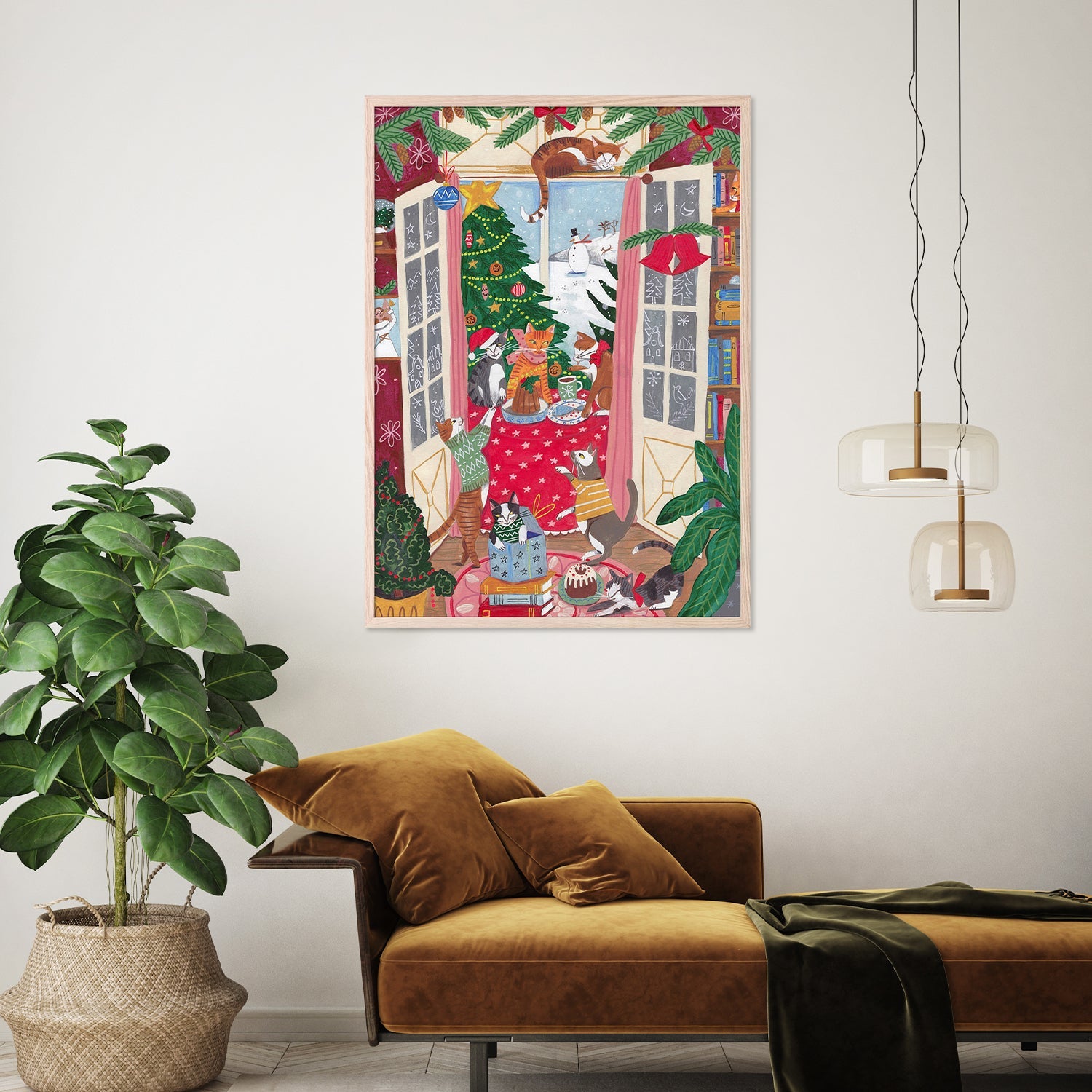 wall-art-print-canvas-poster-framed-Cats in the Window at a Snowy Christmas in Bright Colours-9
