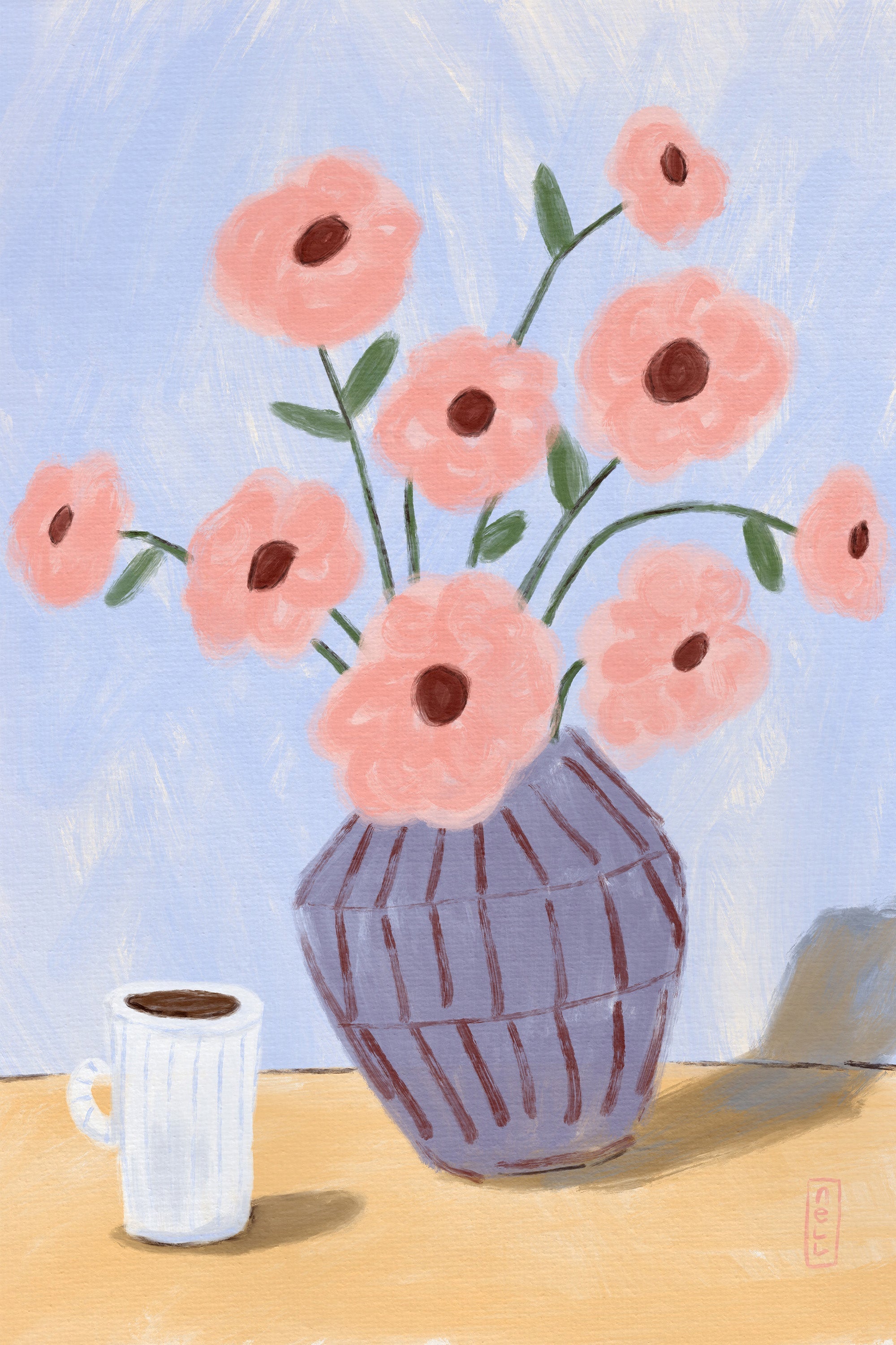 wall-art-print-canvas-poster-framed-Coffee and Flowers Simple Still Life Painting-1