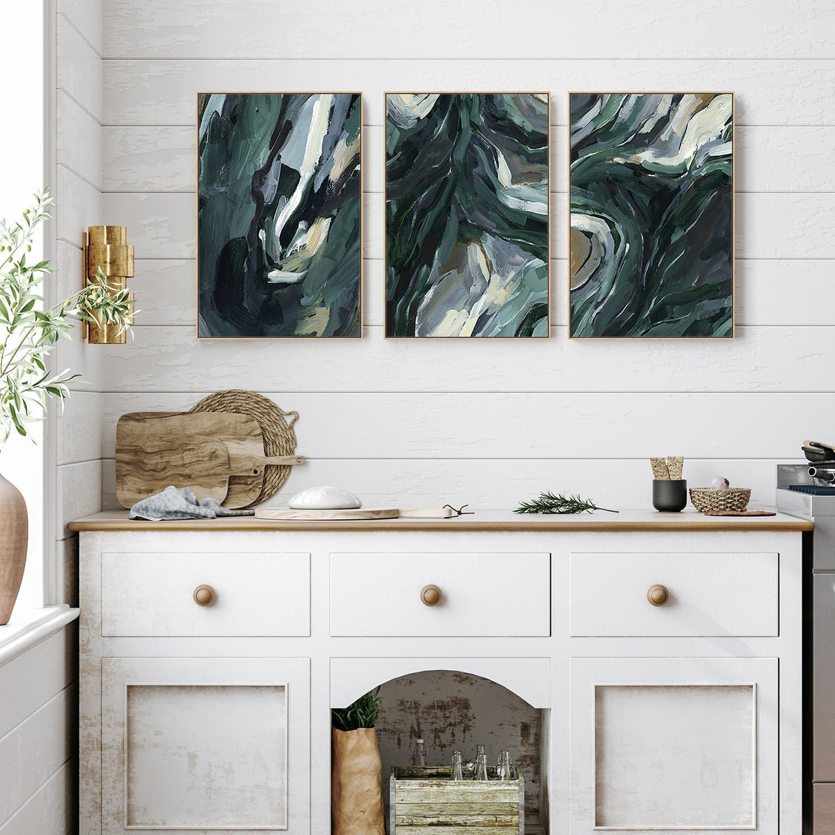 wall-art-print-canvas-poster-framed-Dark Green Abstract, Set Of 3-by-Emily Wood-Gioia Wall Art