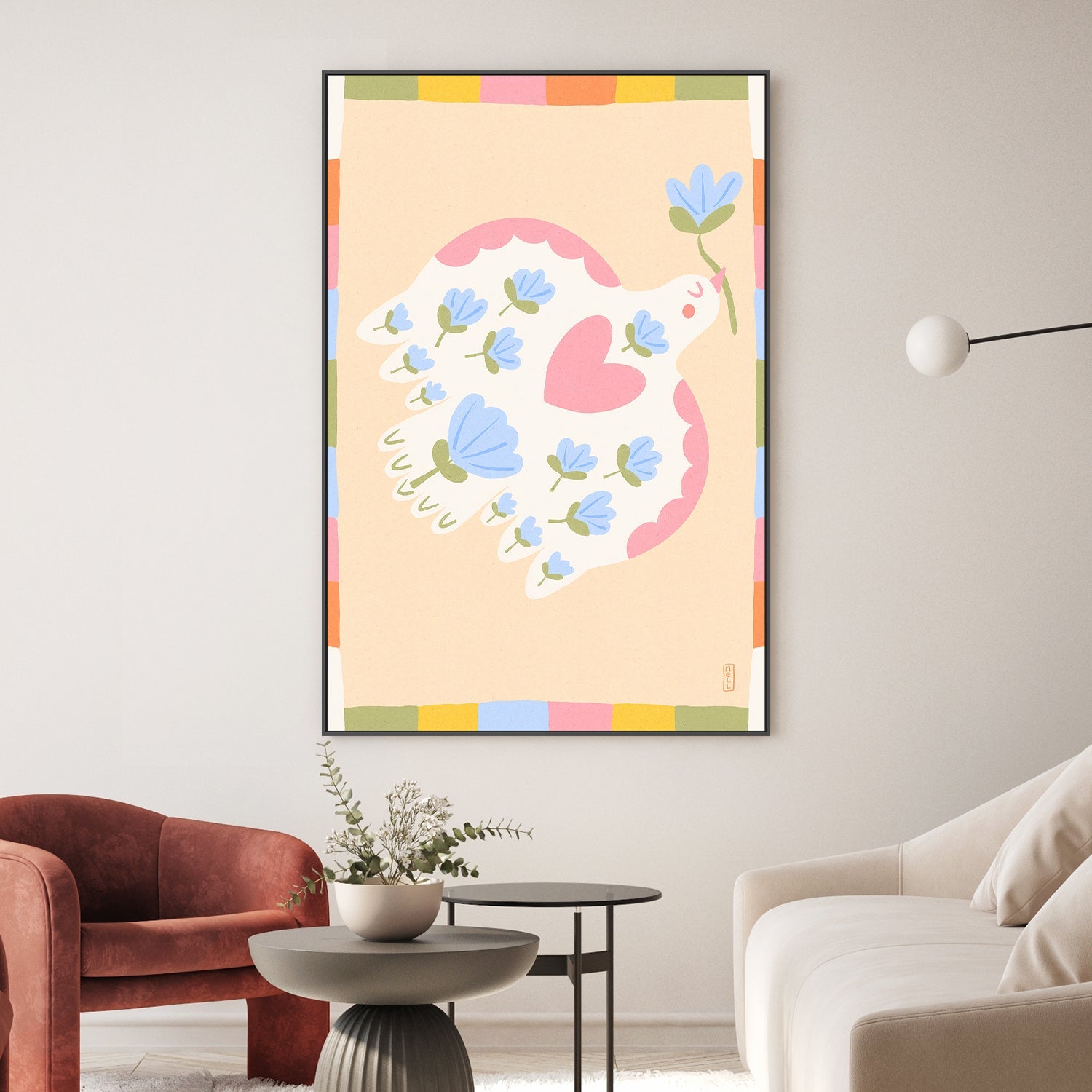 wall-art-print-canvas-poster-framed-Dove of Peace with Flowers Illustration-7