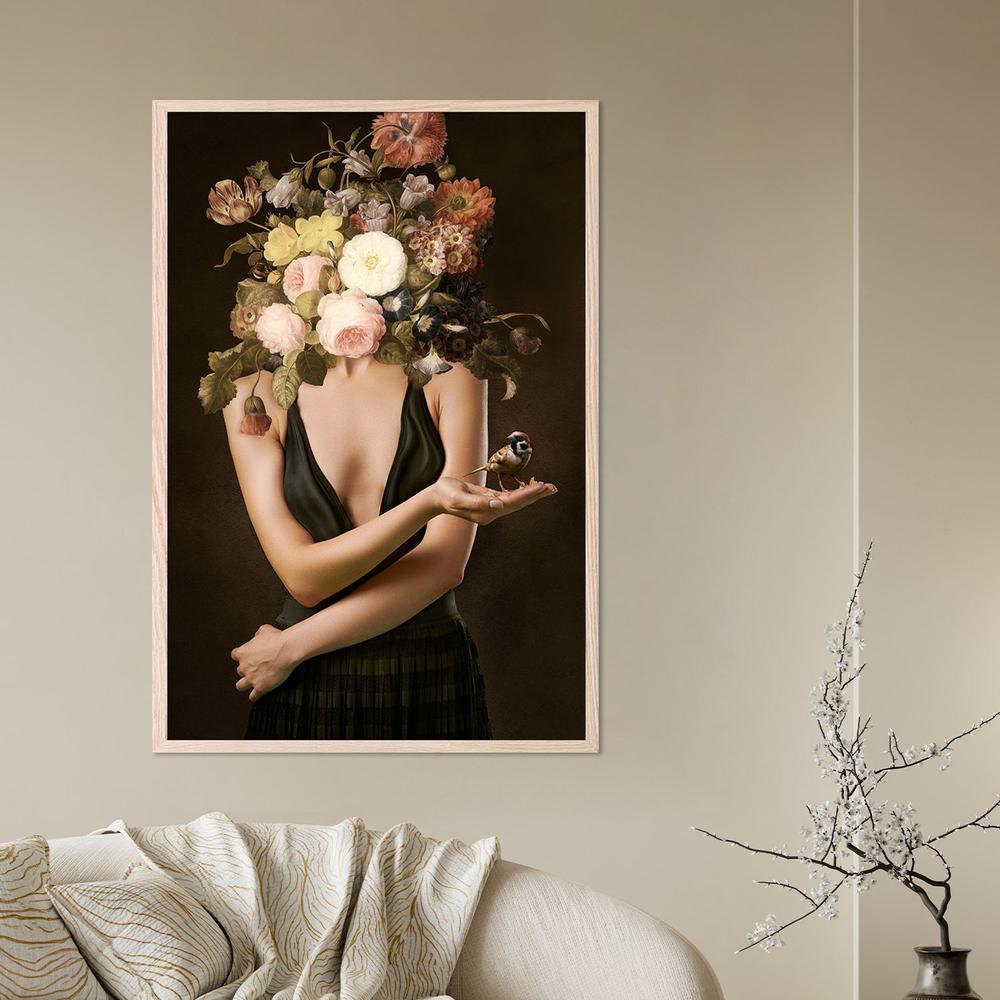 wall-art-print-canvas-poster-framed-Elegant Floral Woman Goldfinch-7