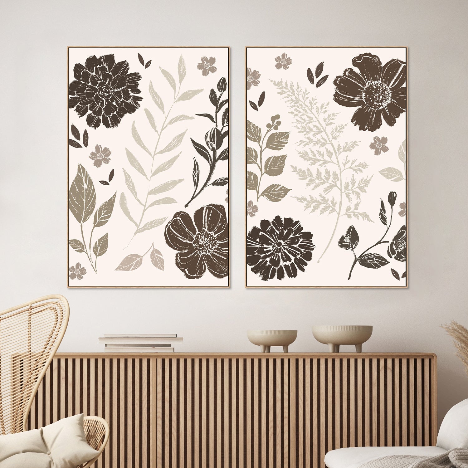 wall-art-print-canvas-poster-framed-Flower Feast, Brown v2, Style A & B, Set Of 2-2