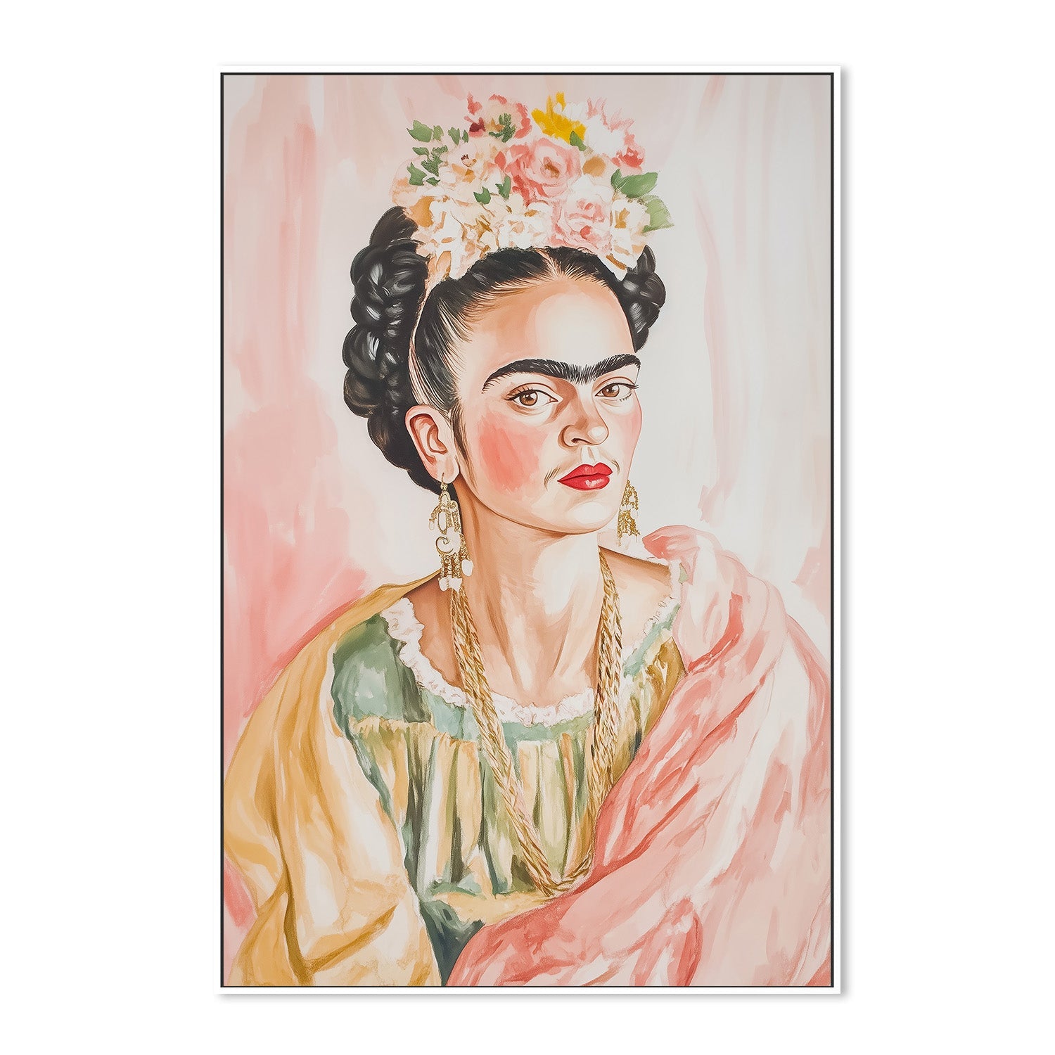 wall-art-print-canvas-poster-framed-Frida with Floral Crown Portrait in Watercolor , By Melloi Art-5