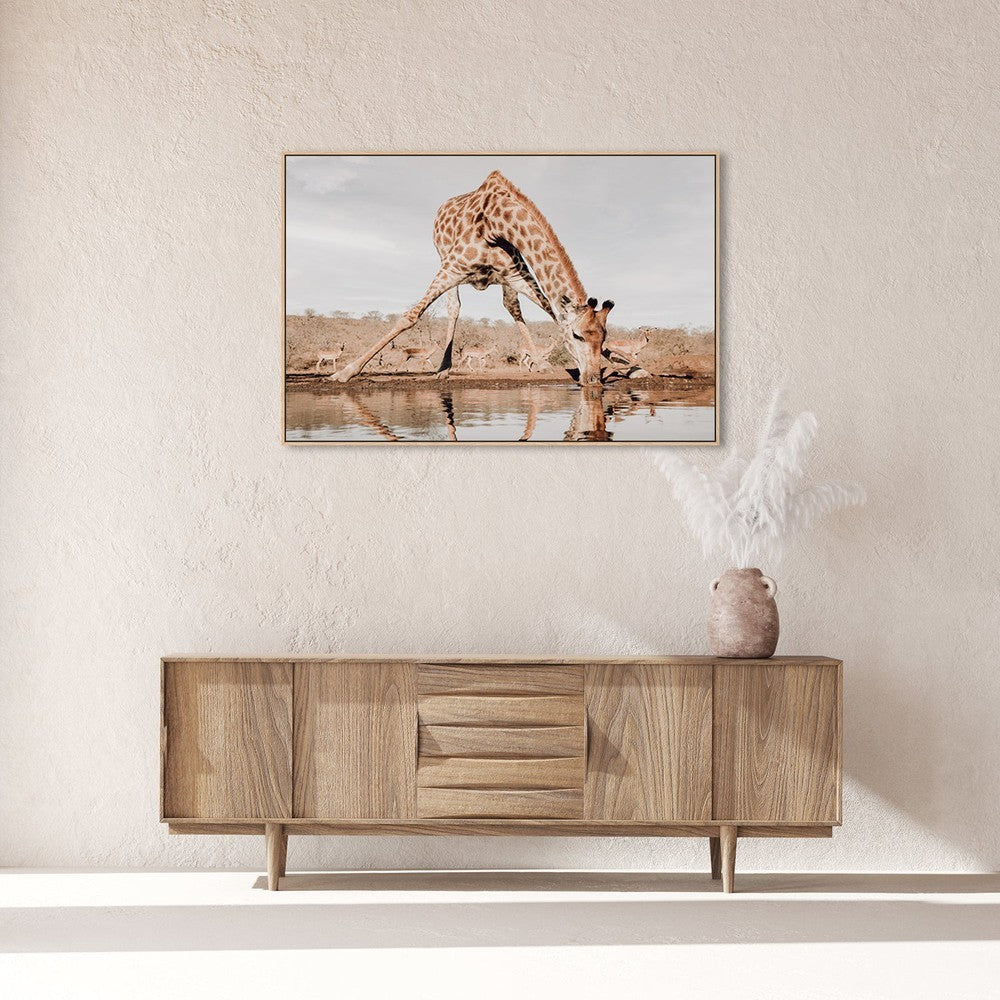 wall-art-print-canvas-poster-framed-Giraffe Having A Drink, By Linda D Lester-by-Plus X Studio-Gioia Wall Art