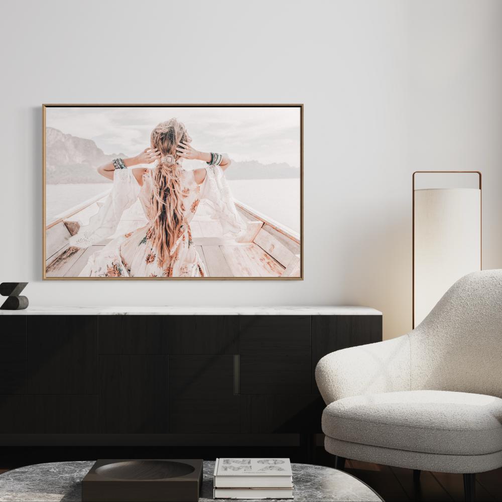 wall-art-print-canvas-poster-framed-Girl Dressed In Boho Style On A Boat-by-Gioia Wall Art-Gioia Wall Art