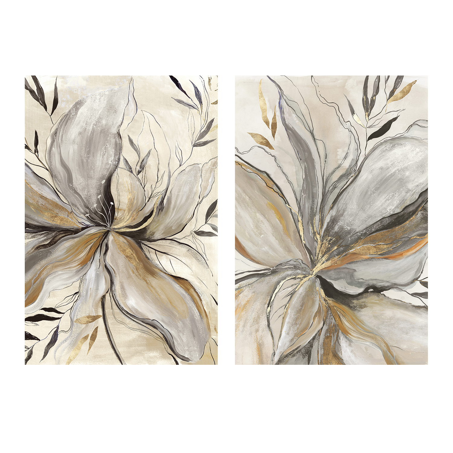 wall-art-print-canvas-poster-framed-Gold Charcole Flower, Style A & B, Set Of 2 , By Asia Jensen-1