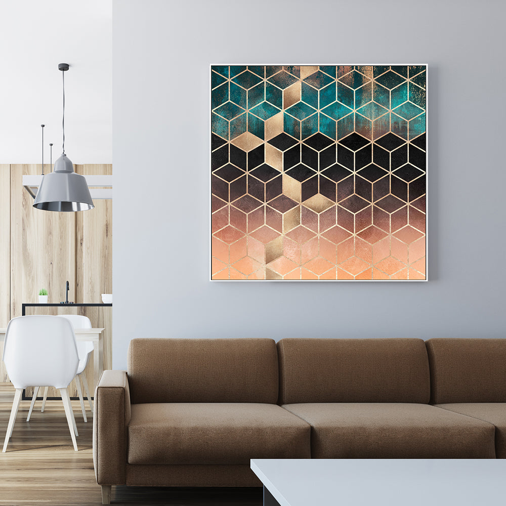 wall-art-print-canvas-poster-framed-Gold, Peach and Teal Geometric Design-GIOIA-WALL-ART