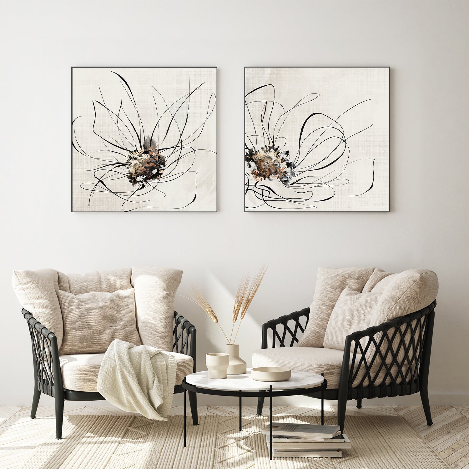 wall-art-print-canvas-poster-framed-Golden Flower Lines, Style A & B, Set Of 2 , By Alex Black-7
