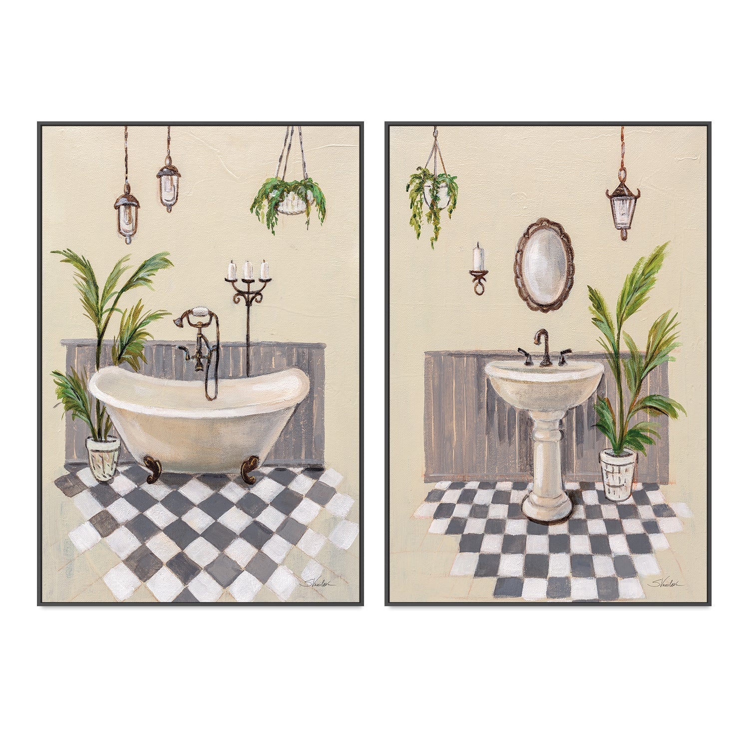 wall-art-print-canvas-poster-framed-Gray Cottage Bathroom, Style A & B, Set of 2 , By Silvia Vassileva-GIOIA-WALL-ART