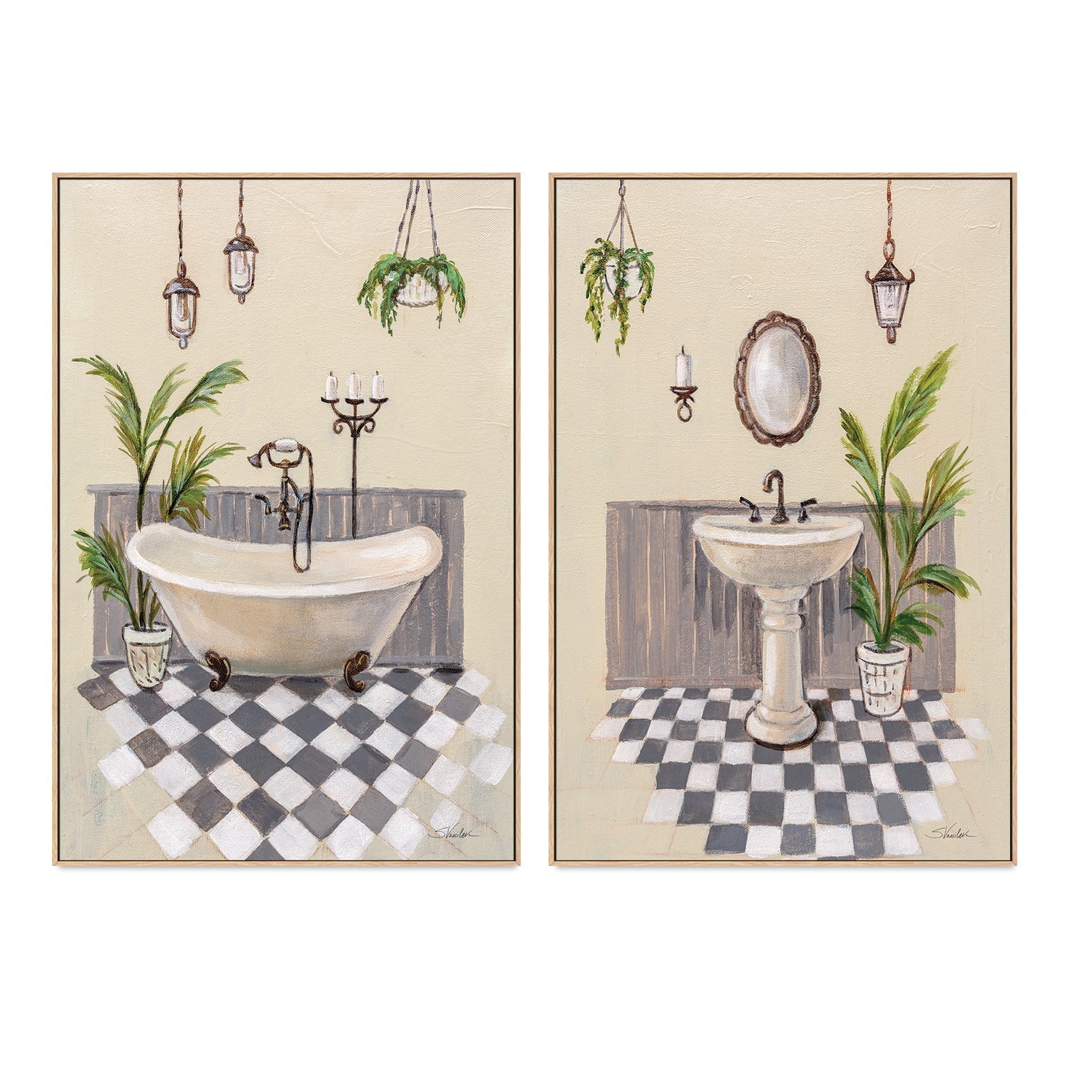 wall-art-print-canvas-poster-framed-Gray Cottage Bathroom, Style A & B, Set of 2 , By Silvia Vassileva-GIOIA-WALL-ART