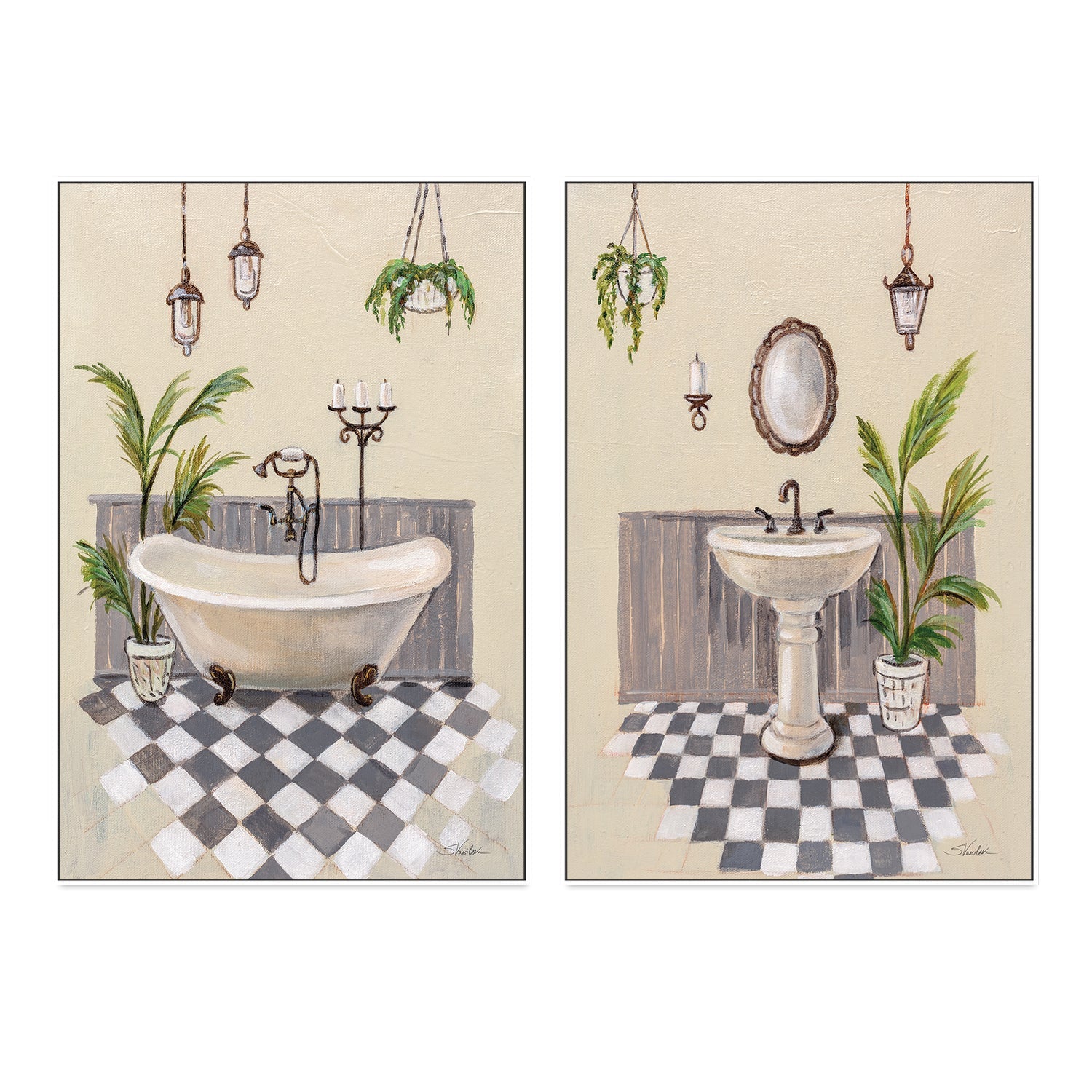 wall-art-print-canvas-poster-framed-Gray Cottage Bathroom, Style A & B, Set of 2 , By Silvia Vassileva-GIOIA-WALL-ART